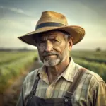 agricultor idoso com expressão séria, chapéu, camisa xadrez e suspensório