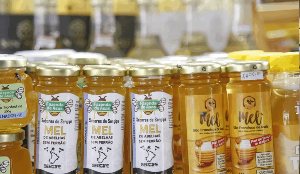 Potes de mel produzido em Sergipe, representando a apicultura local e o potencial da cadeia produtiva do mel no estado.