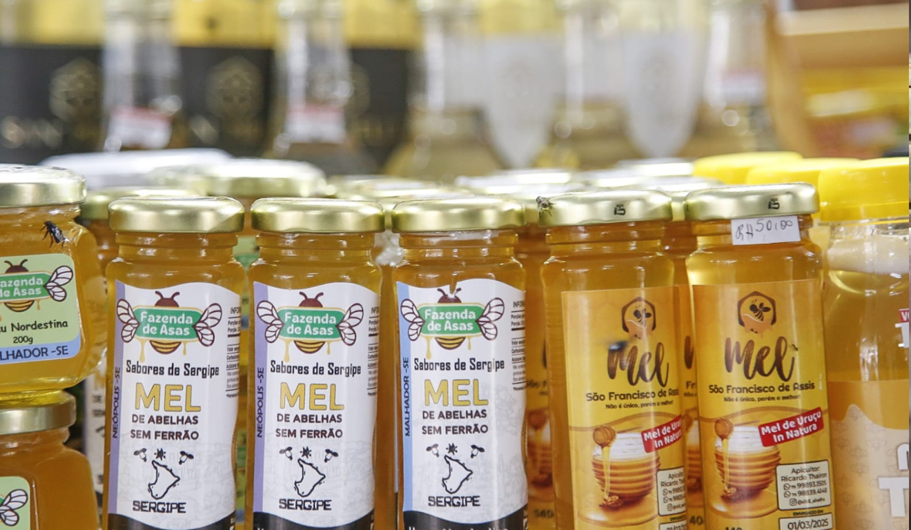 Potes de mel produzido em Sergipe, representando a apicultura local e o potencial da cadeia produtiva do mel no estado.