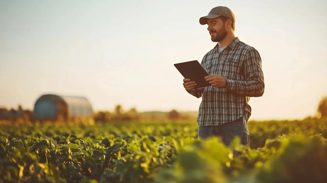 A farmer stands in a lush green field, holding a tablet and examining crop data. The sun sets in the background, casting warm light across the landscape, highlighting the farmer's focus and the thriving plants around him.