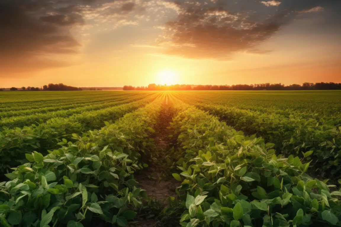 Lush soybean crop at sunset, generative IA