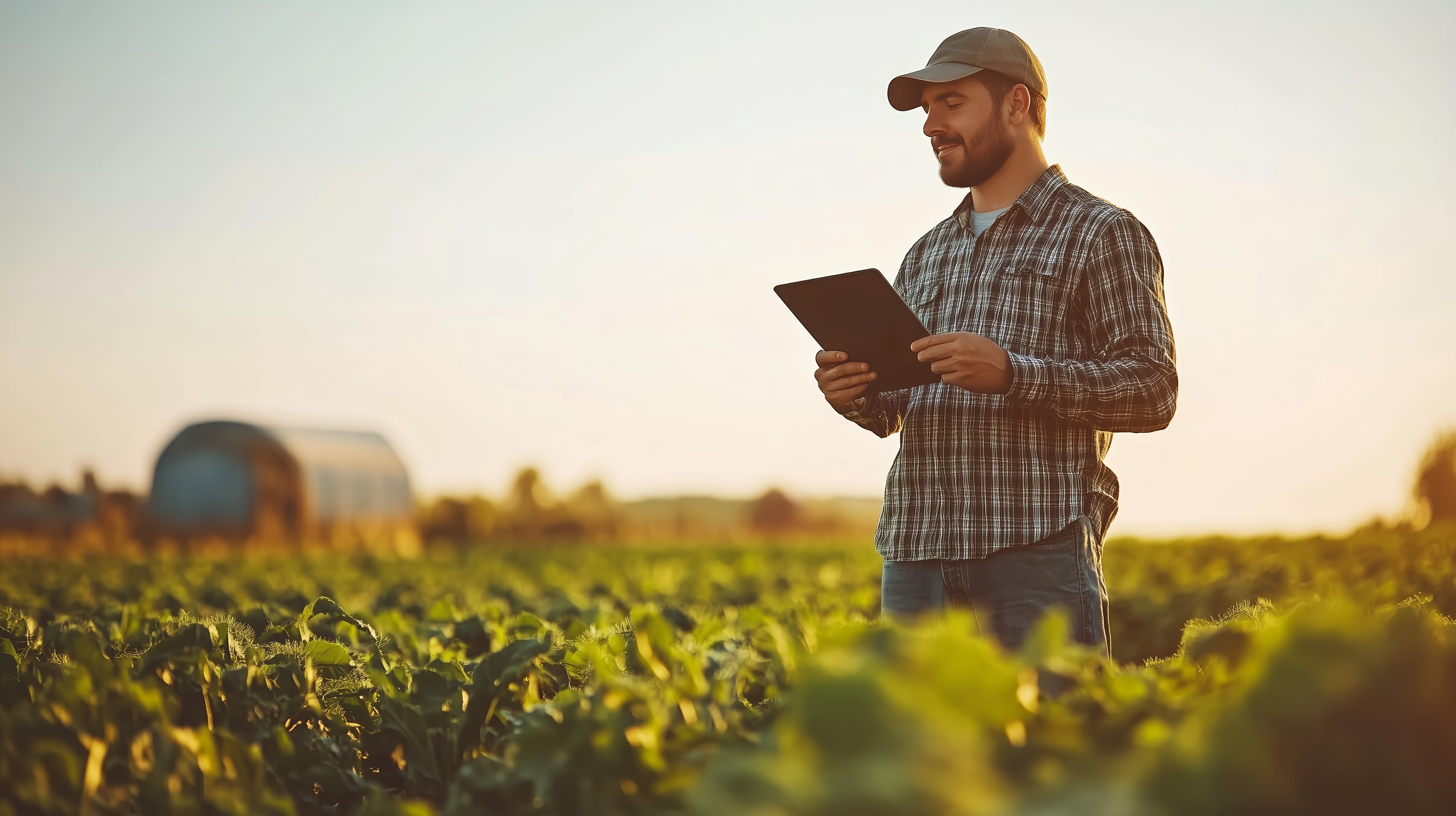 A farmer stands in a lush green field, holding a tablet and examining crop data. The sun sets in the background, casting warm light across the landscape, highlighting the farmer's focus and the thriving plants around him.