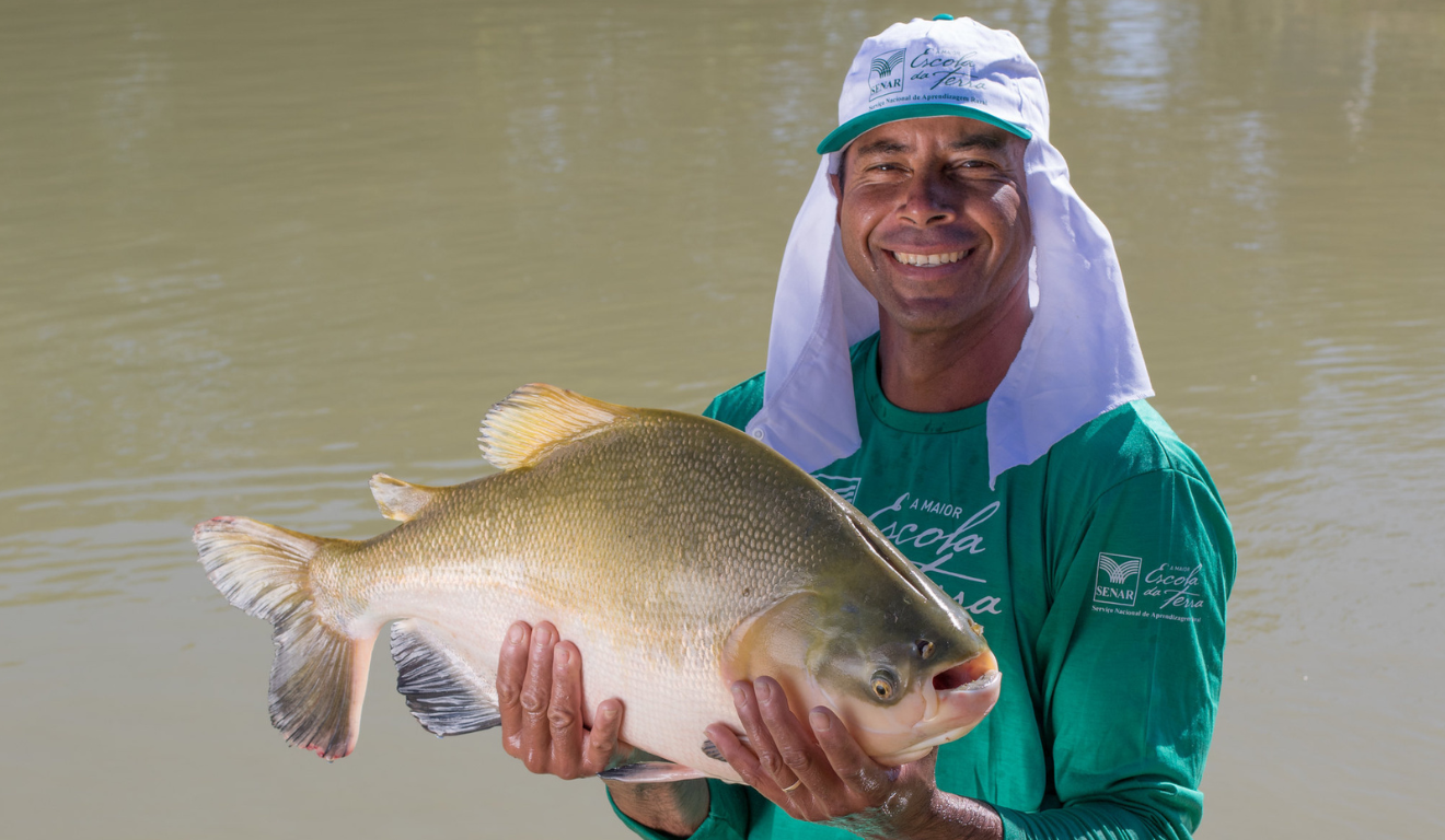 A imagem ilustra pescador segurando tambaqui nas mãos, após a captura em sistema de cultivo na região amazônica