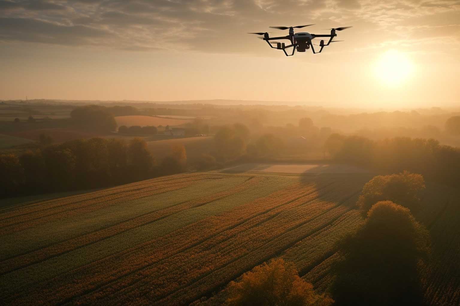 Drone sobrevoando campo ao entardecer