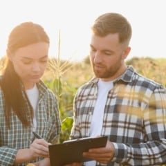 Homem e mulher chegando produção no tablet no campo