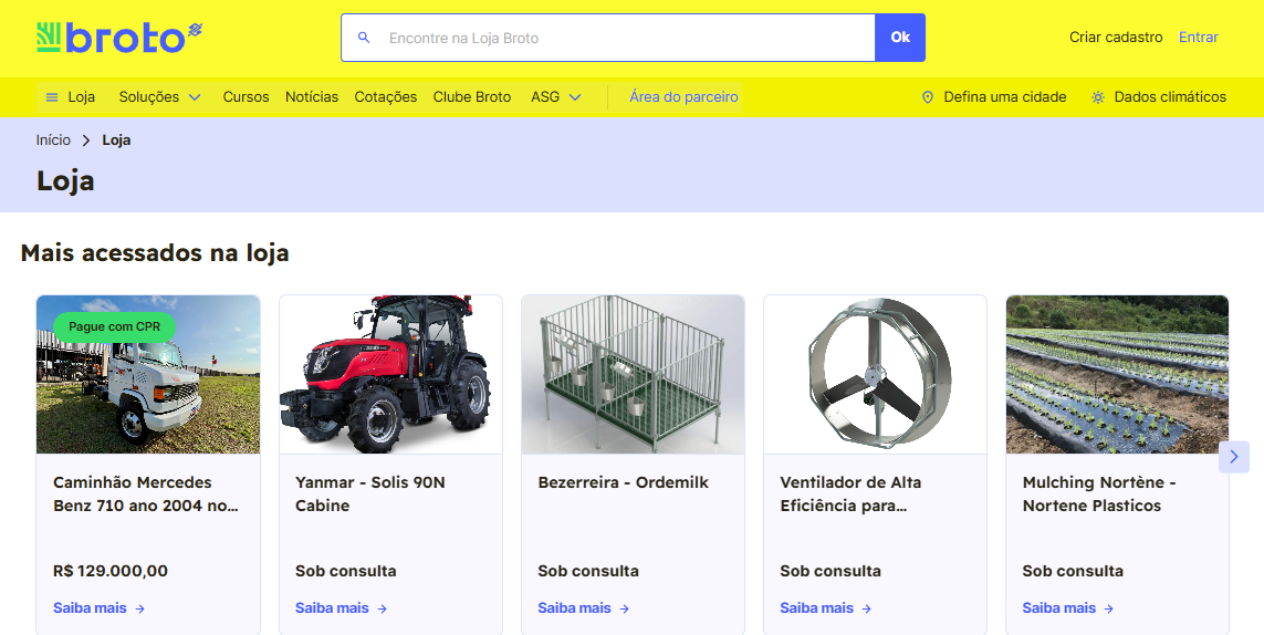 captura de tela de produtos anunciados no marketplace Broto