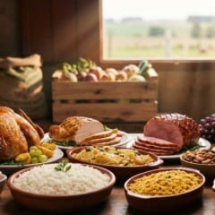 Mesa de ceia de Natal brasileira com peru assado, arroz, farofa, batatas, uvas, castanhas e panetone, em casa de interior com luz de fim de tarde e refer&ecirc;ncia ao campo ao fundo.