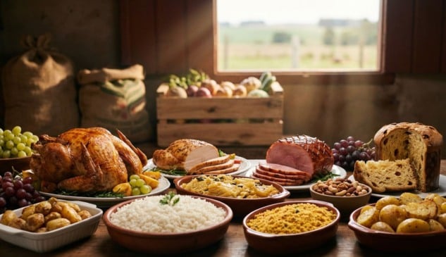 Mesa de ceia de Natal brasileira com peru assado, arroz, farofa, batatas, uvas, castanhas e panetone, em casa de interior com luz de fim de tarde e referência ao campo ao fundo.