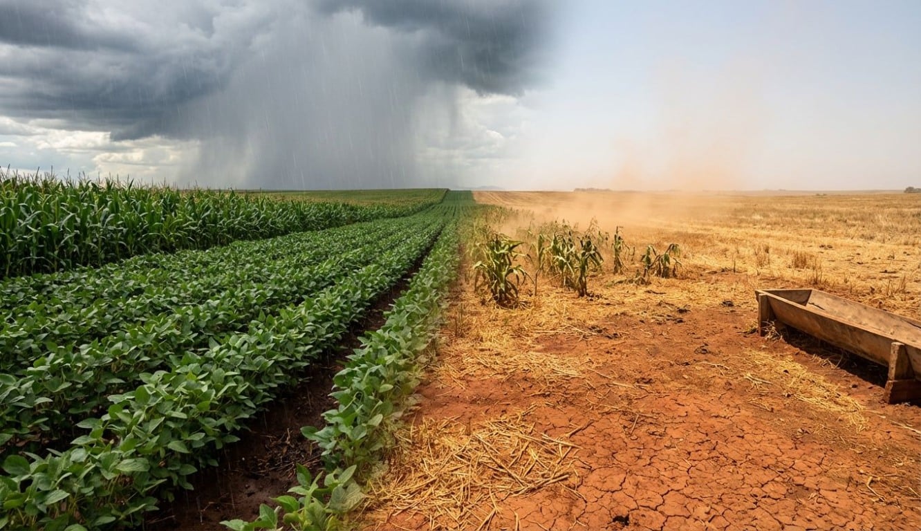 Paisagem rural brasileira em grande-angular mostrando chuva irregular: à esquerda, lavoura verde com solo úmido e cortina de chuva sob nuvens carregadas; à direita, plantio com estresse hídrico, solo rachado e céu mais claro, com sinais de calor e poeira. Paisagem rural brasileira em grande-angular mostrando chuva irregular: à esquerda, lavoura verde com solo úmido e cortina de chuva sob nuvens carregadas; à direita, plantio com estresse hídrico, solo rachado e céu mais claro, com sinais de calor e poeira.