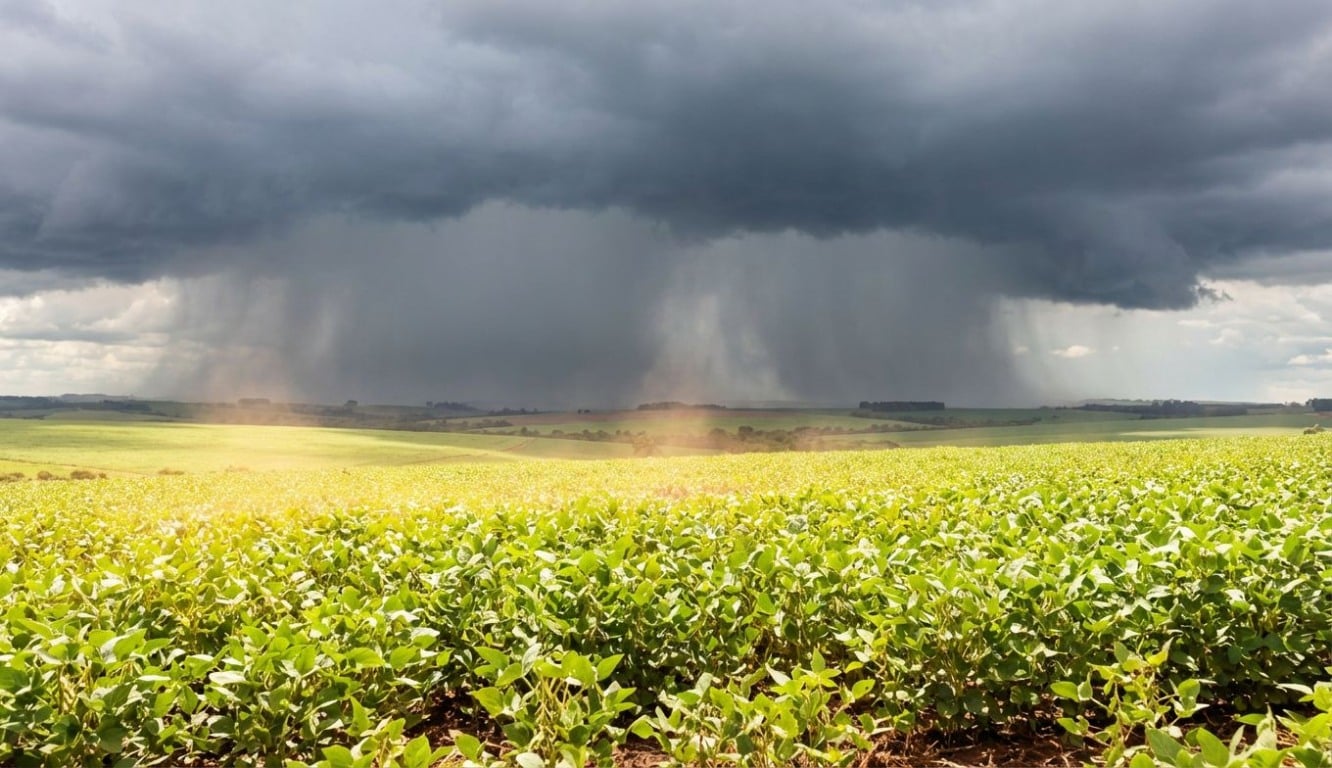 Paisagem de uma vasta plantação de soja sob sol intenso no primeiro plano, contrastando com uma parede de nuvens de tempestade escuras e chuva pesada caindo no horizonte. Paisagem de uma vasta plantação de soja sob sol intenso no primeiro plano, contrastando com uma parede de nuvens de tempestade escuras e chuva pesada caindo no horizonte.