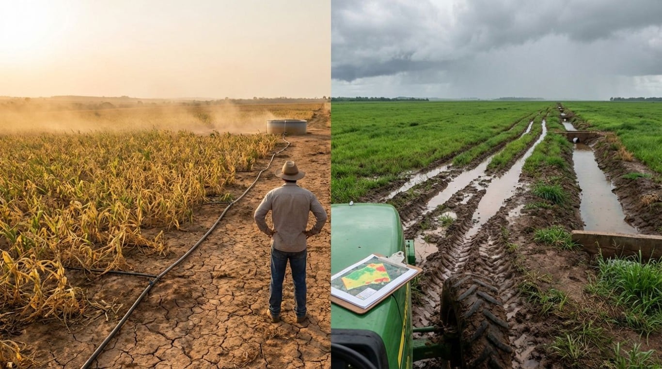 Montagem fotográfica ao amanhecer no campo brasileiro: à esquerda, lavoura no Nordeste com solo rachado, plantações sob estresse hídrico, irrigação por gotejamento e açude baixo; à direita, lavoura no Centro-Oeste com solo encharcado, poças, lama, valas de drenagem e trator parado sob céu nublado.