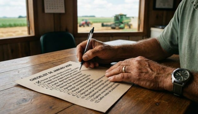 Produtor rural preenchendo um checklist de janeiro em uma mesa de madeira dentro de um escritório na fazenda; ao fundo, pela janela, aparecem lavoura e máquinas agrícolas, ilustrando o planejamento de 2026.