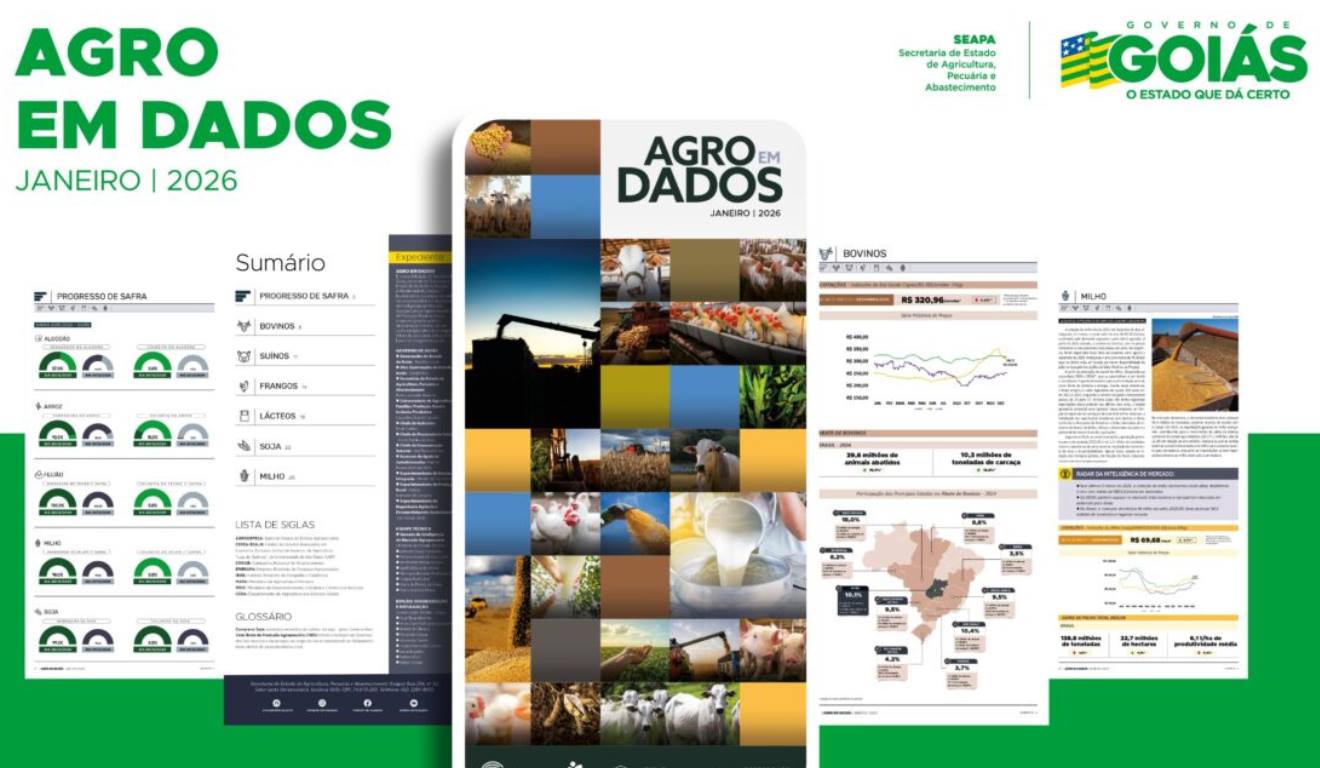 No último domingo (18), a Secretaria de Estado de Agricultura, Pecuária e Abastecimento (Seapa) de Goiás divulgou o relatório Agro em Dados de 2025. A 76ª edição da publicação consolida os principais resultados da agropecuária goiana