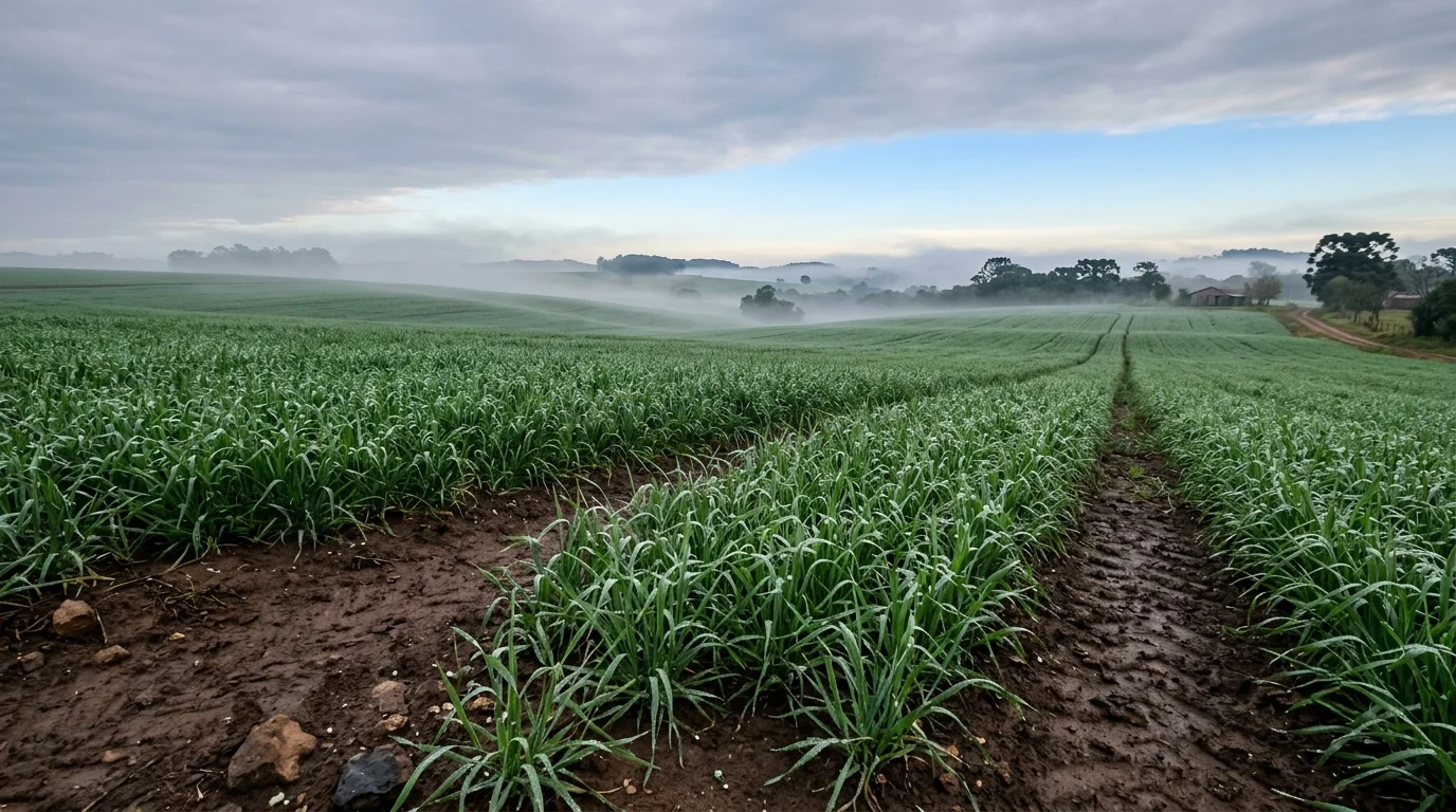 Fotografia de uma lavoura de cereal de inverno coberta de orvalho ao amanhecer, com folhas verdes em primeiro plano, solo úmido no carreador e névoa baixa sobre o relevo ondulado ao fundo.